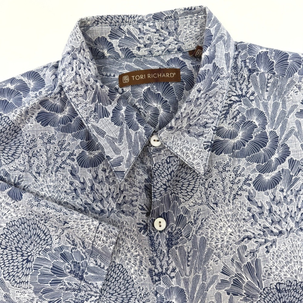 Tori Richard Mens Blue Coral Print Cotton Lawn Button Down Shirt Large Hawaii